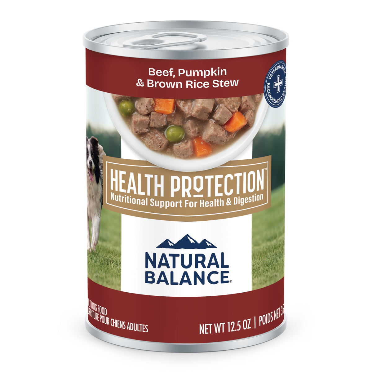 Natural Balance Health Protection beef-pumpkin-brown-rice stew bowl showing beef chunks and vegetables for flavor and fiber