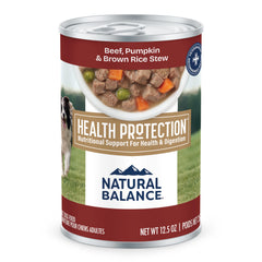 Natural Balance Health Protection beef-pumpkin-brown-rice stew bowl showing beef chunks and vegetables for flavor and fiber