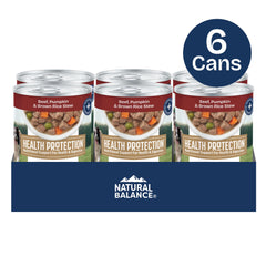 Natural Balance Health Protection wet dog food ingredients featuring pumpkin and brown rice fiber