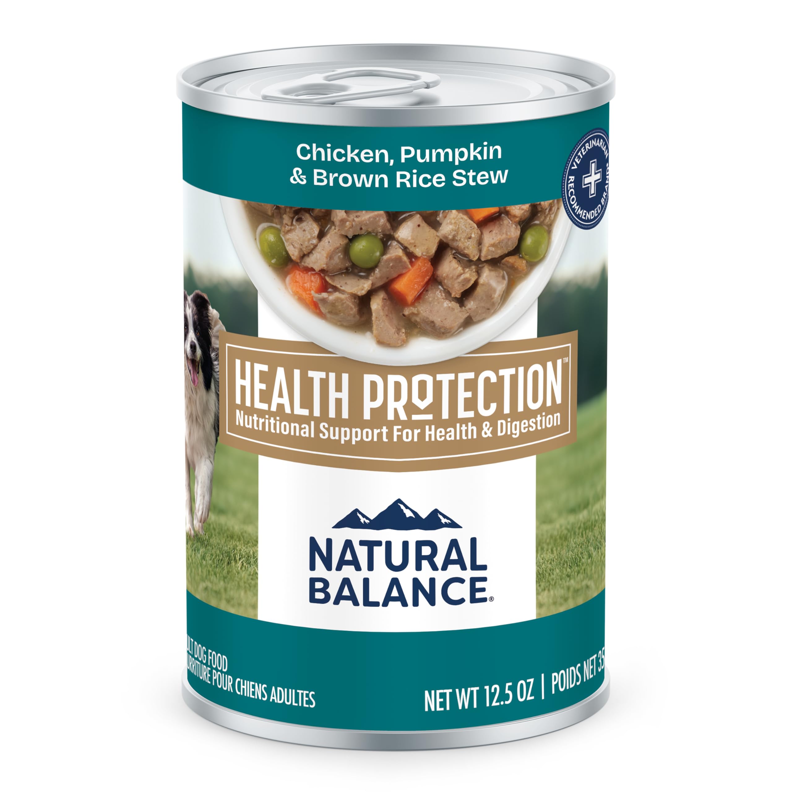 Natural Balance Health Protection Wet Dog Food with real chicken in a savory stew for whole-body nourishment.
