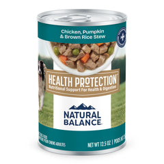 Natural Balance Health Protection Wet Dog Food with real chicken in a savory stew for whole-body nourishment.