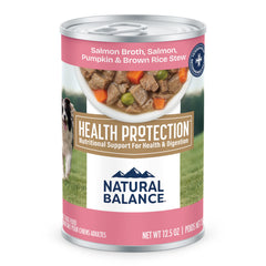 Natural Balance Health Protection wet dog food with salmon broth served in a bowl for hydration.
