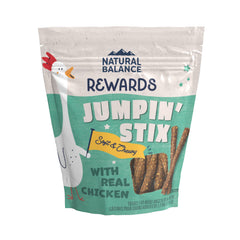 Natural Balance Jumpin' Stix chicken recipe pouch—grain-free rewards for active adult dogs
