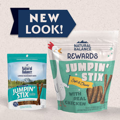 Close-up of Jumpin' Stix treats highlighting limited ingredients and premium chicken protein