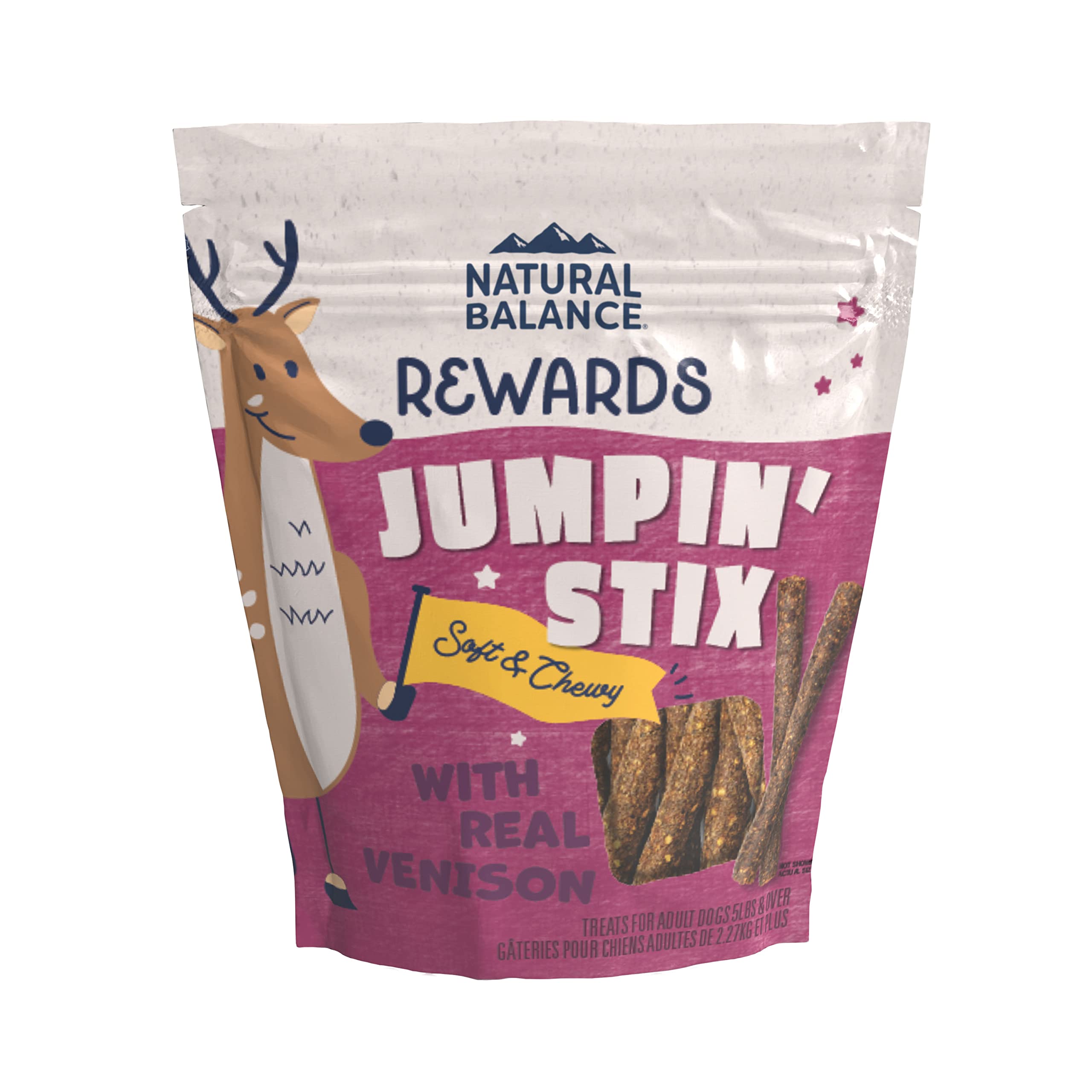 Natural Balance Jumpin' Stix venison treats, front pack, ideal reward for adult dogs.
