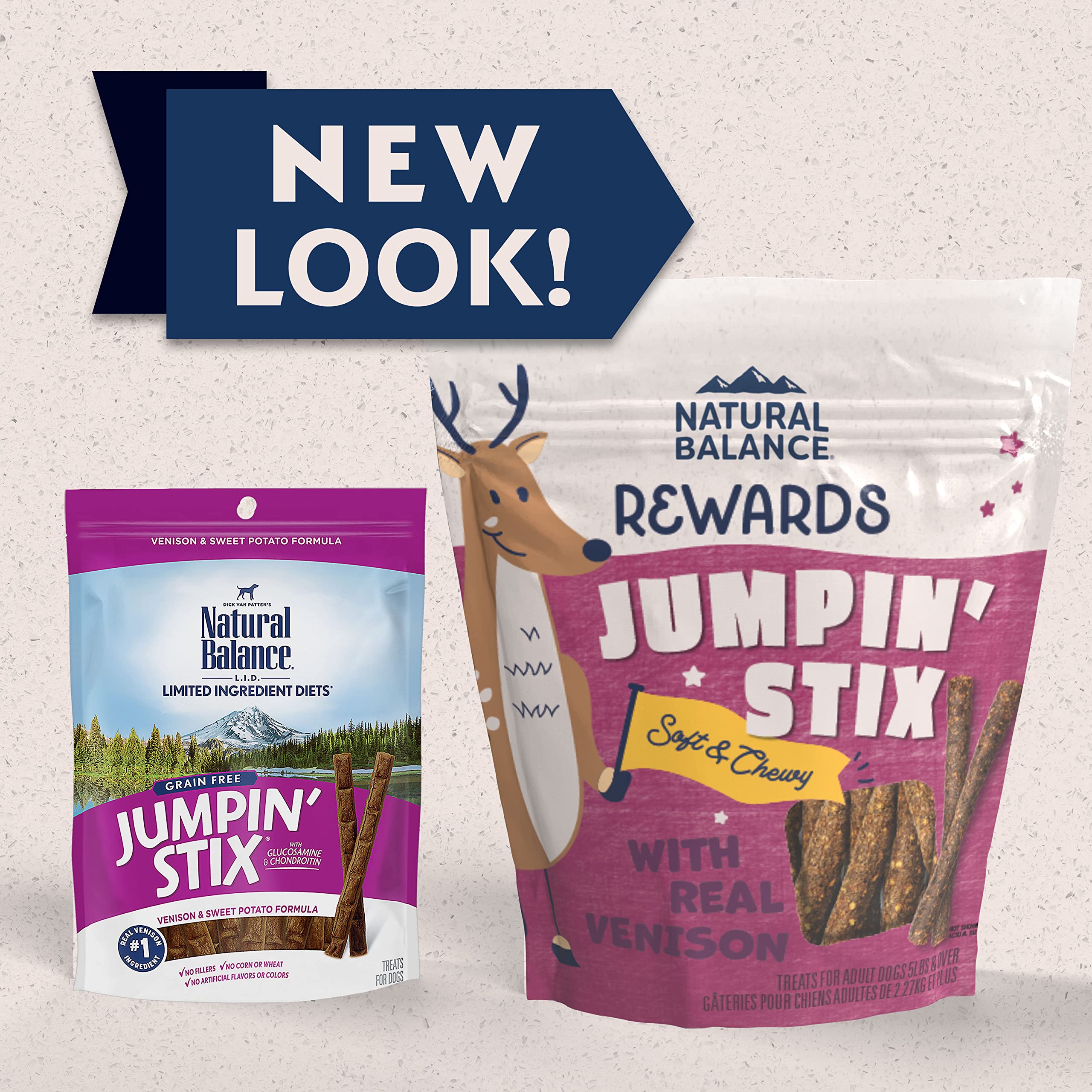Natural Balance Jumpin' Stix venison package side view, grain-free recipe suitable for sensitive stomachs.