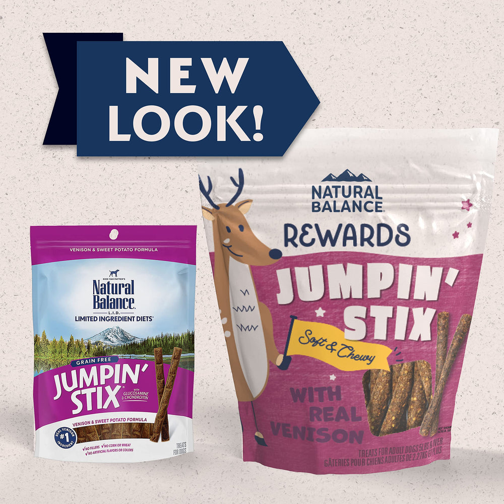 Natural Balance Jumpin' Stix venison package side view, grain-free recipe suitable for sensitive stomachs.
