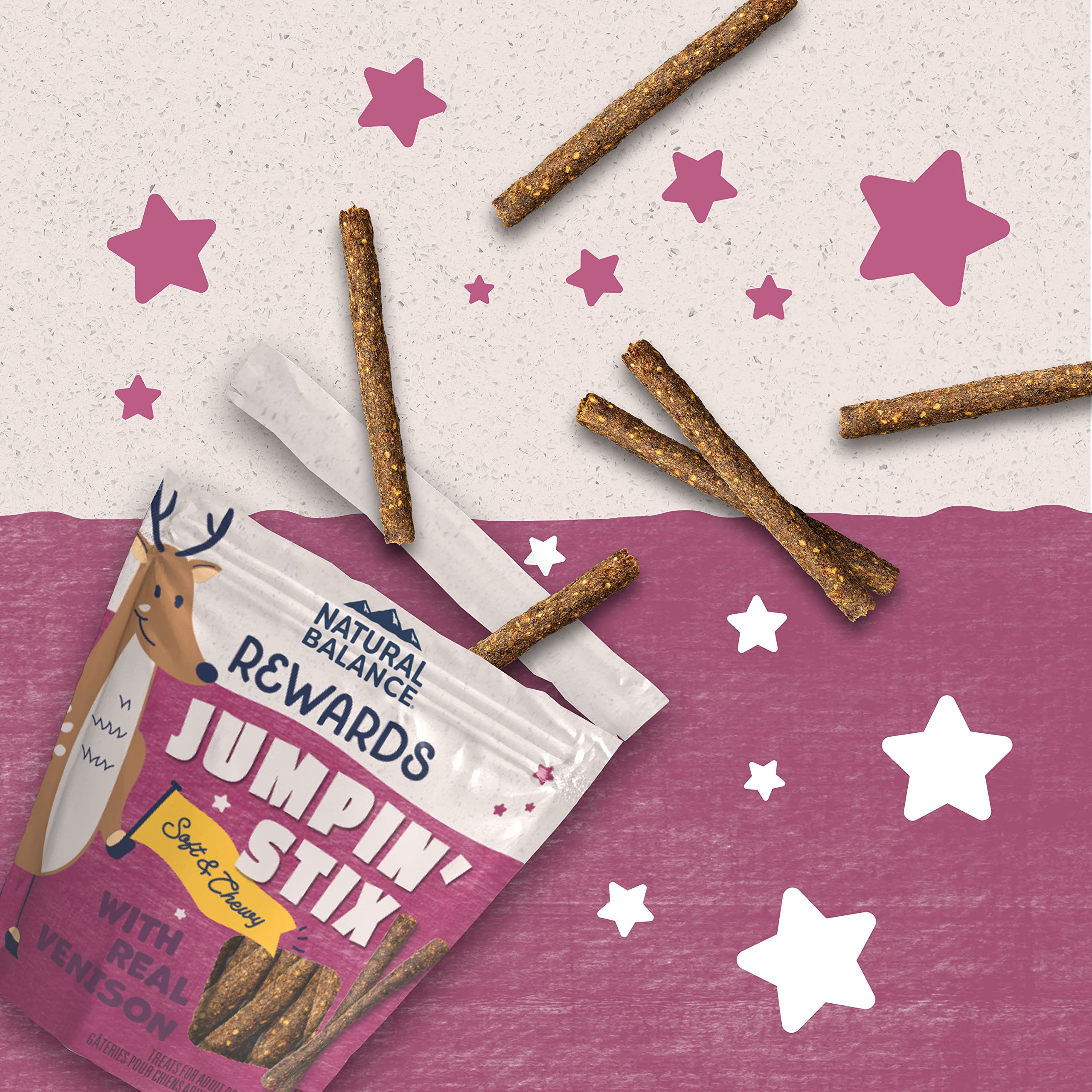 Natural Balance Jumpin' Stix venison treats for training, convenient 10-ounce pouch.