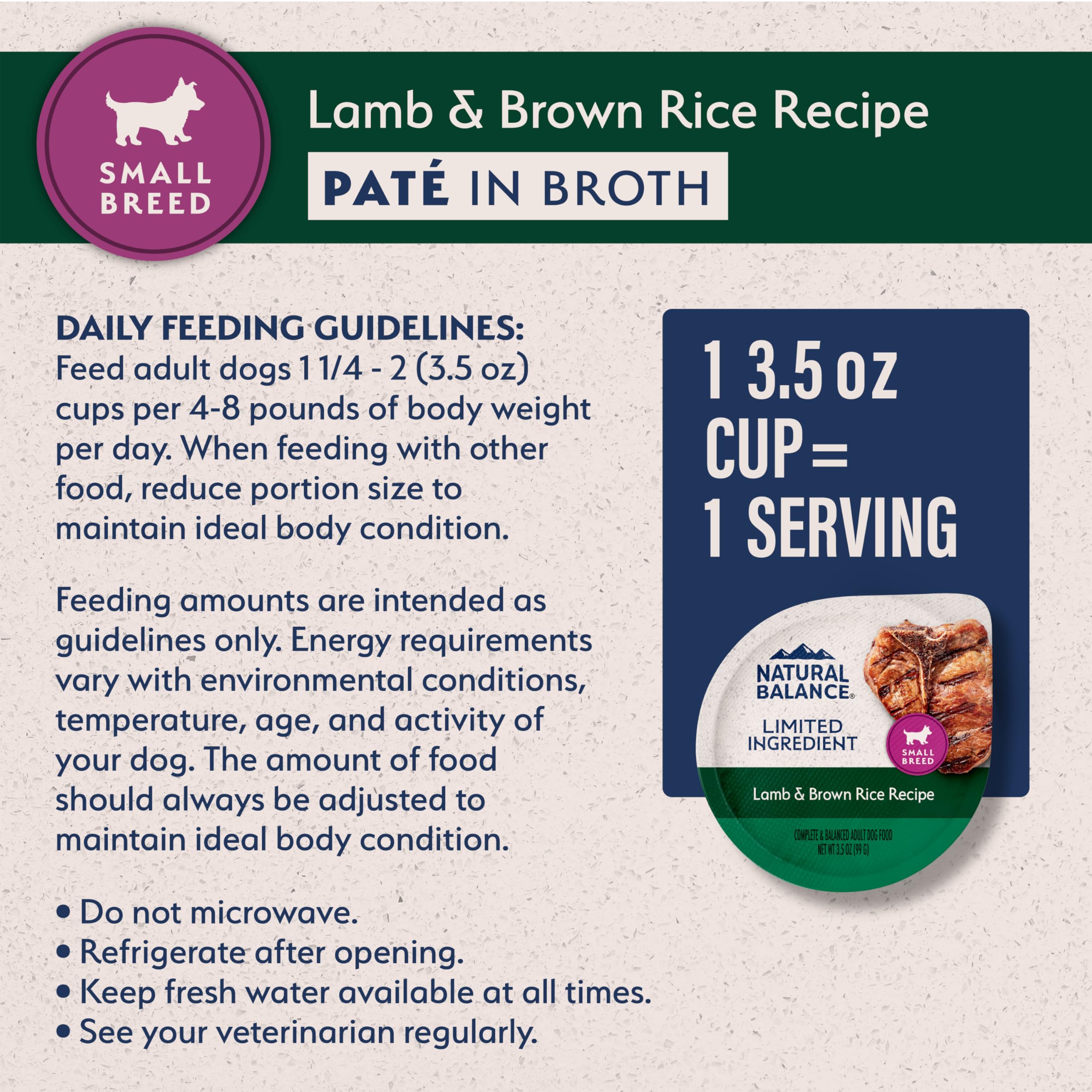 Natural Balance dog enjoying meal from a cup of lamb-brown-rice formula
