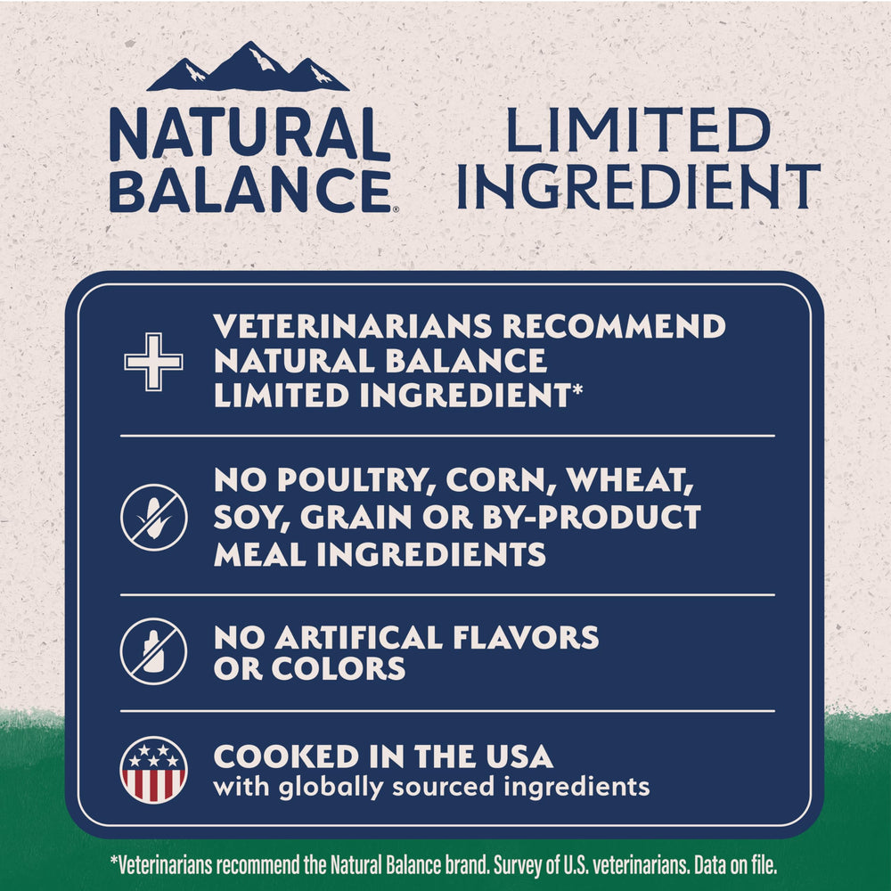 Natural Balance ingredients panel showing limited ingredients for sensitivities