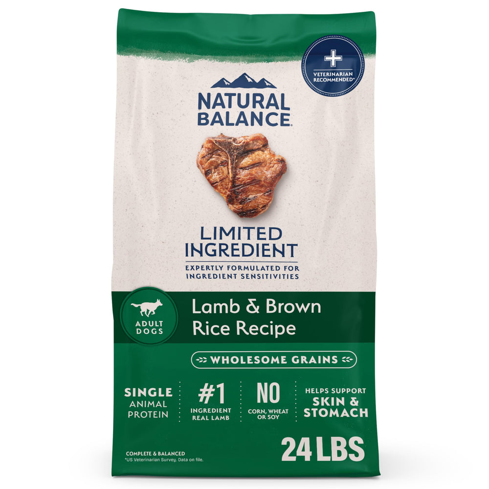 Natural Balance lamb-rice dry dog food bag front showing 24-pound packaging.