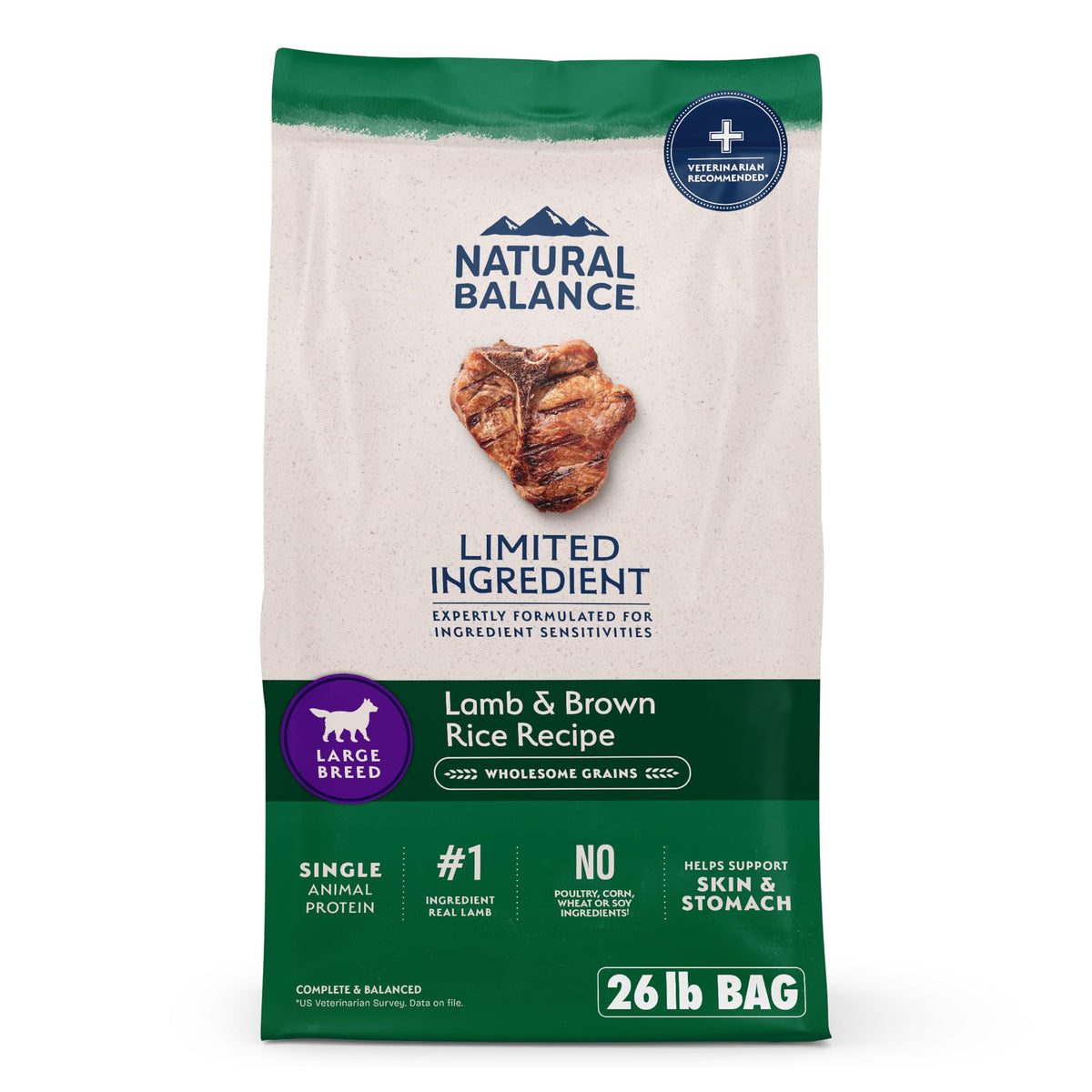 Natural Balance large-breed lamb brown rice dry dog food bag front view showing premium packaging