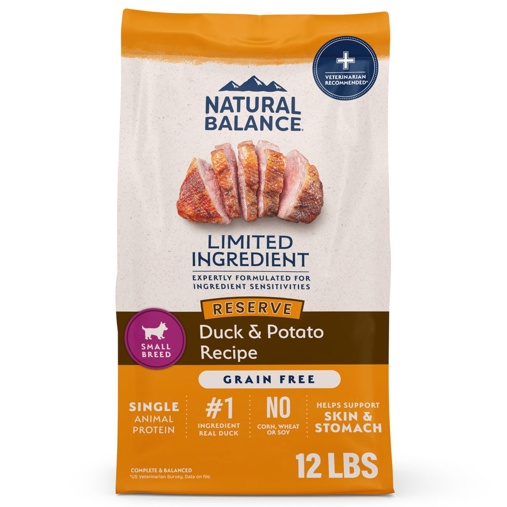 Natural Balance LID duck potato small-breed bag in 12lb size for convenient feeding.