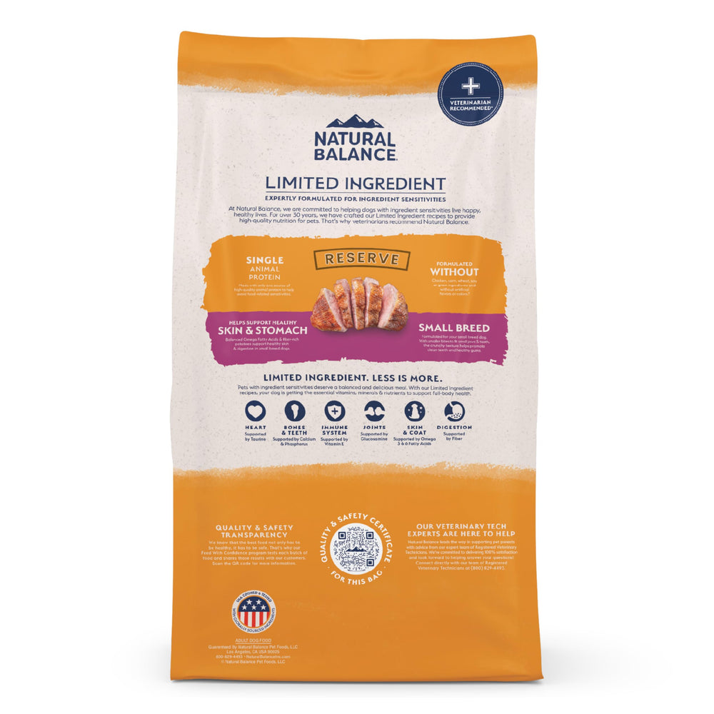 Premium dry dog food with duck and potato for flavor and nutrition.