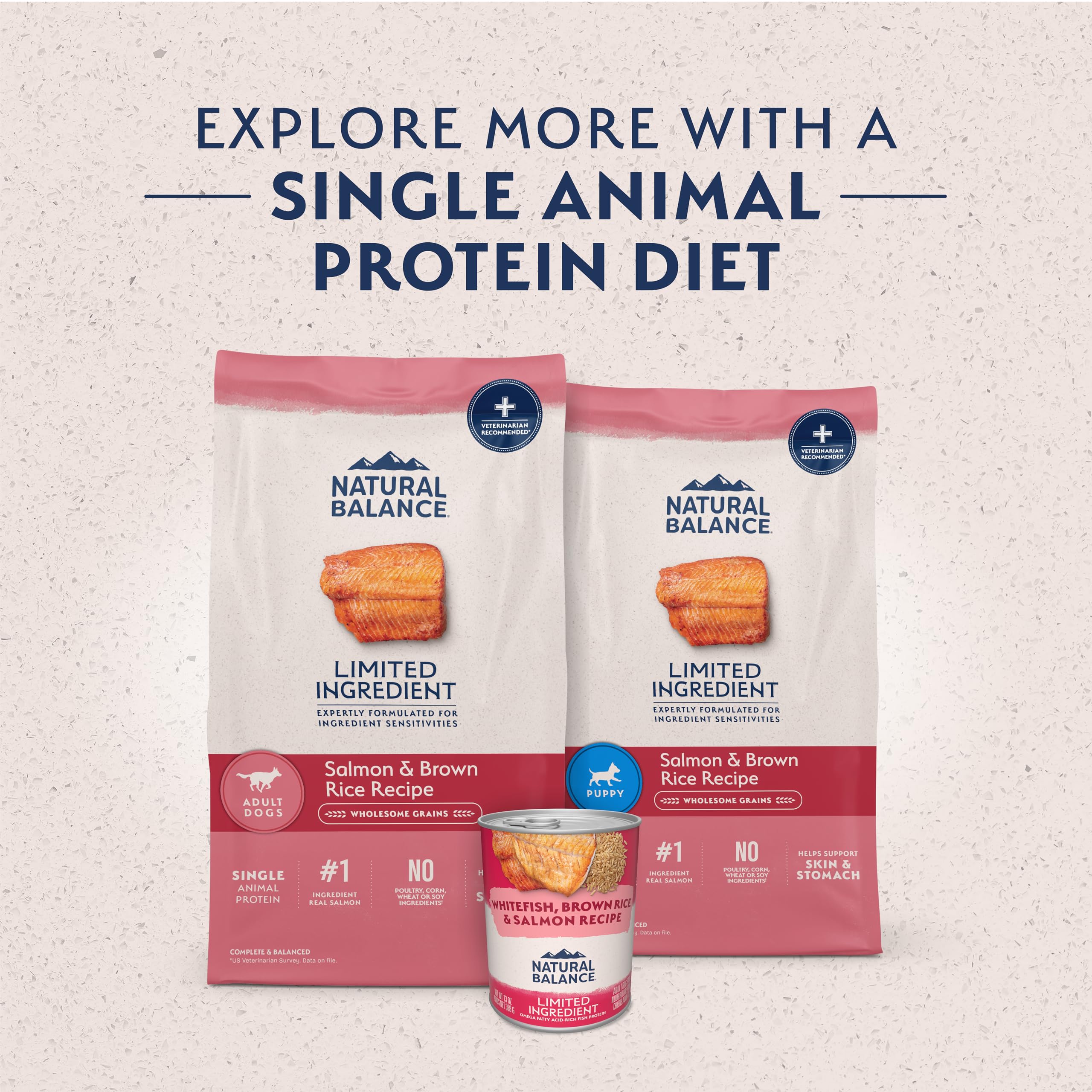 Natural Balance L.I.D. Puppy kibble close-up highlighting single protein and grain blend.