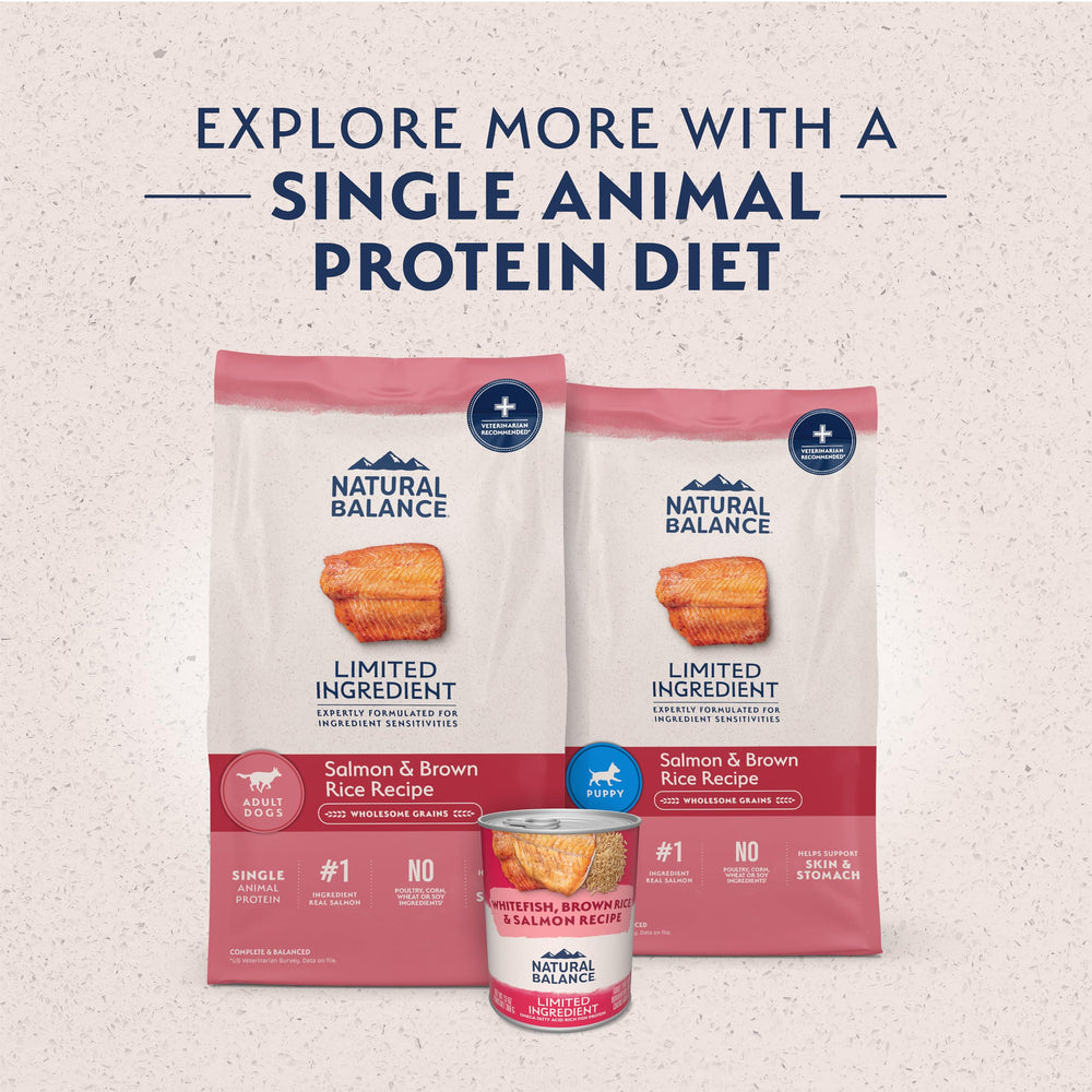 Natural Balance L.I.D. Puppy kibble close-up highlighting single protein and grain blend.