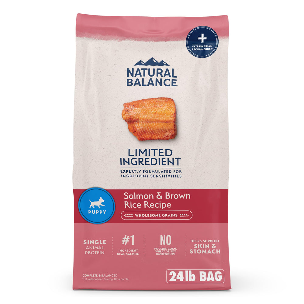 Natural Balance L.I.D. Puppy Salmon Brown Rice bag supports growing puppies with balanced nutrition.