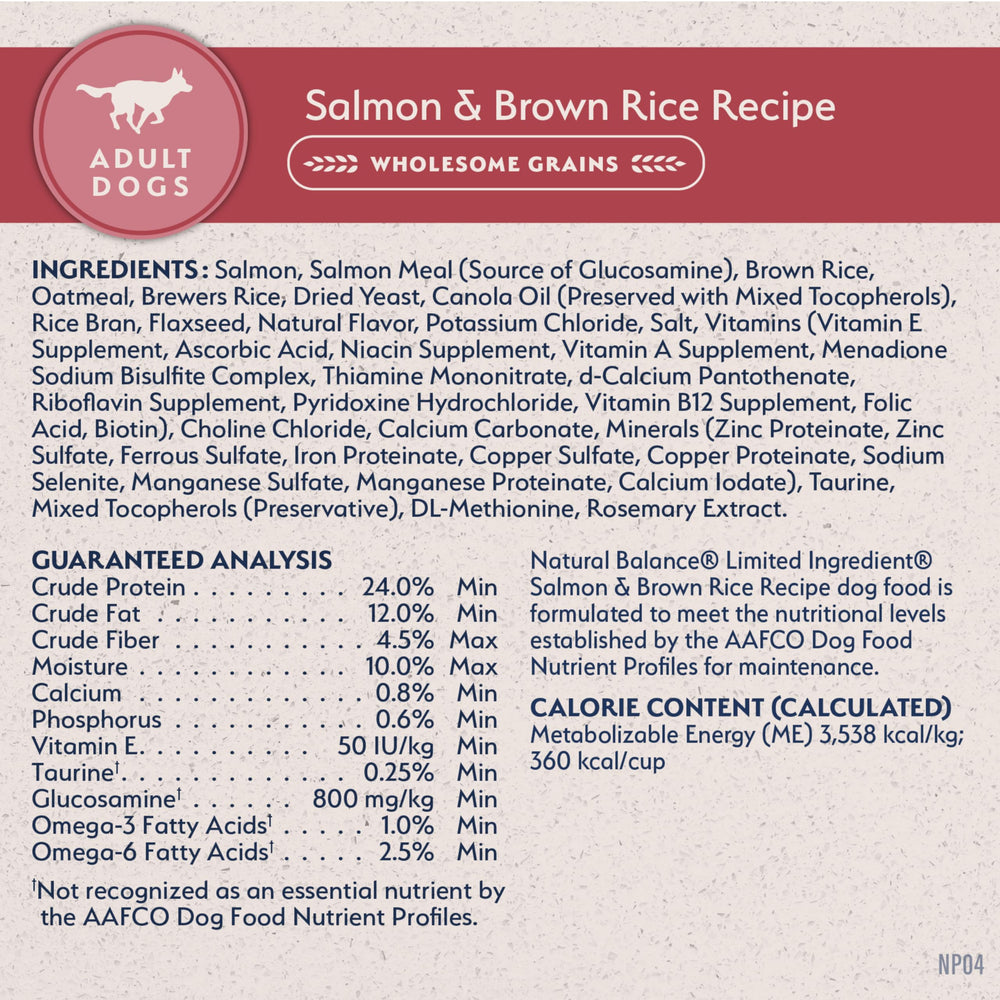 Natural Balance L.I.D. salmon and brown rice 4-pound bag on pantry shelf for easy storage