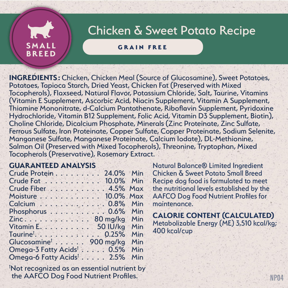 Natural Balance L.I.D. small breed ingredients label showing transparency.