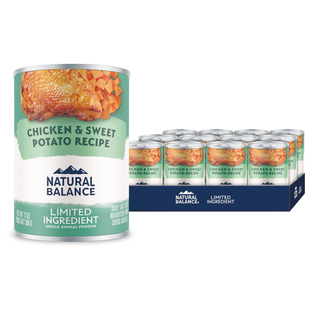 Natural Balance Limited Ingredient Adult Wet Dog Food can display for easy feeding.