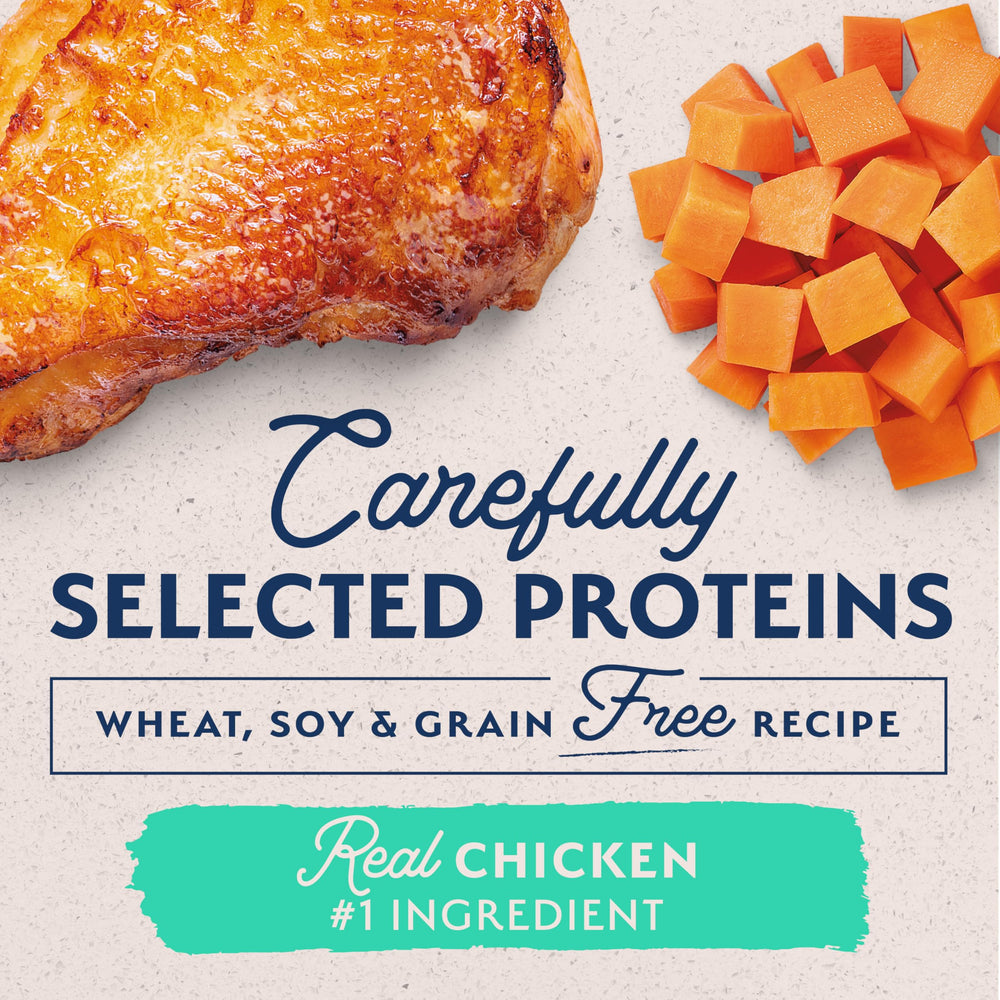 Natural Balance L.I.D. chicken and sweet potato formula can with label highlights grain-free nutrition.