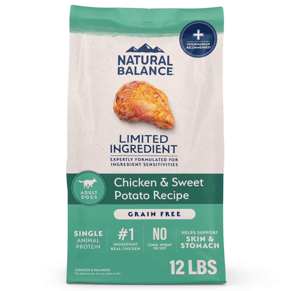 Natural Balance limited ingredient dry dog food bag with chicken and sweet potato for digestive ease.