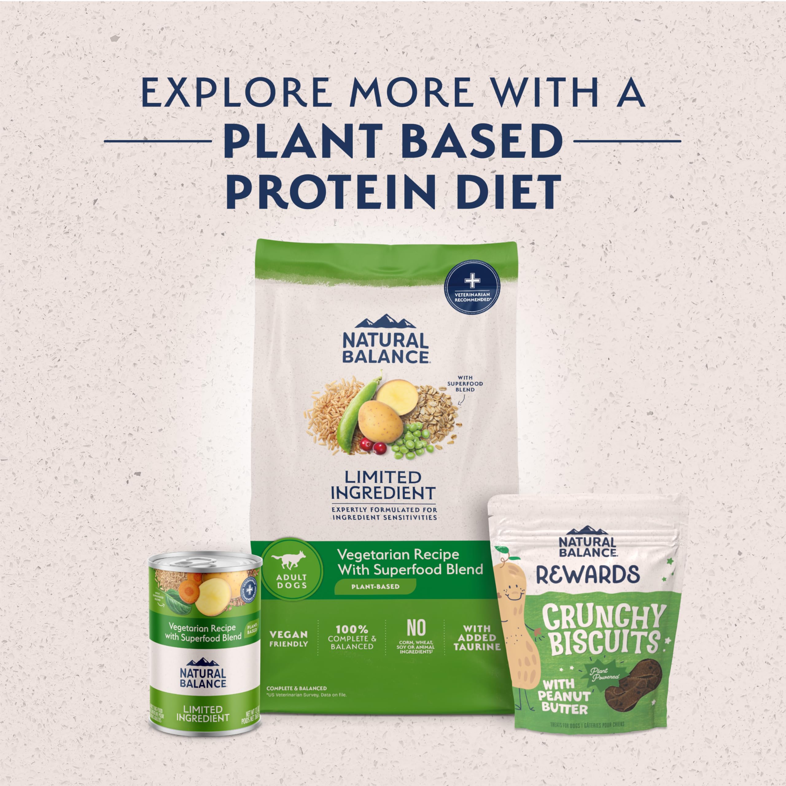 Natural Balance meatless dog meal shot demonstrates vegetarian option.
