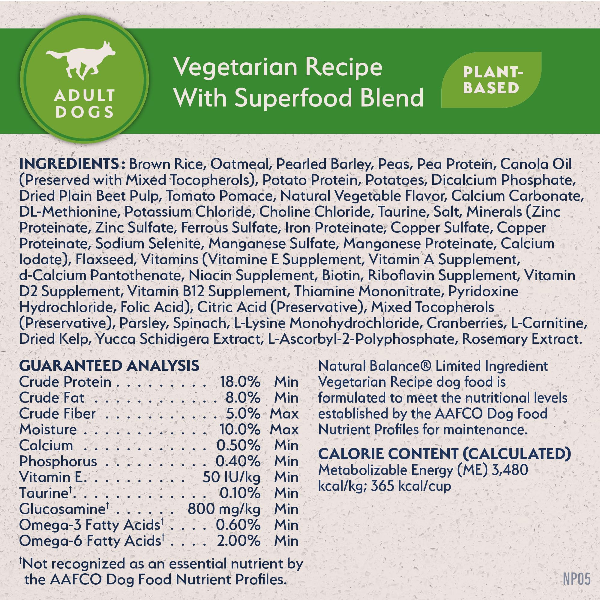 Natural Balance no animal protein ingredients label for meat-free nutrition