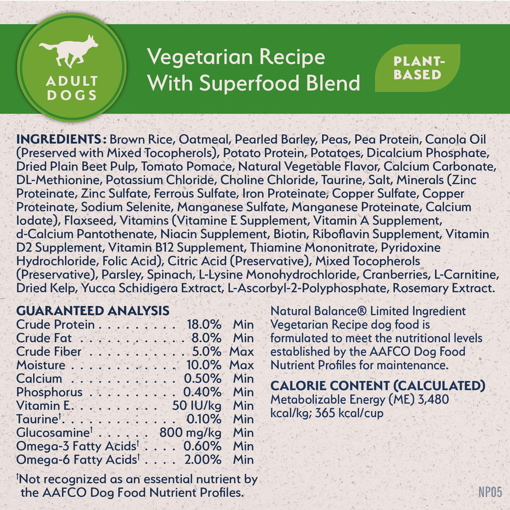 Natural Balance no animal protein ingredients label for meat-free nutrition