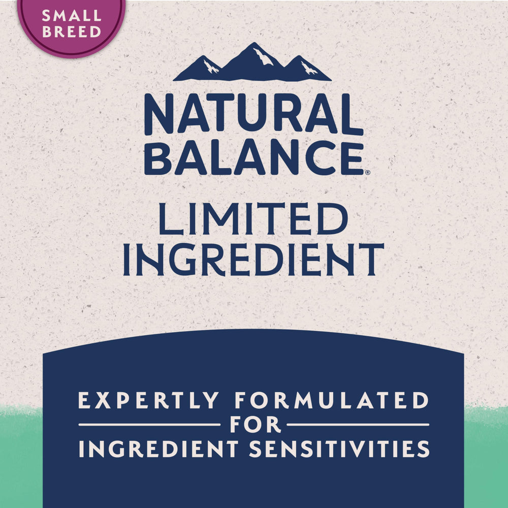 Natural Balance grain-free formula without corn wheat or soy shown on label.