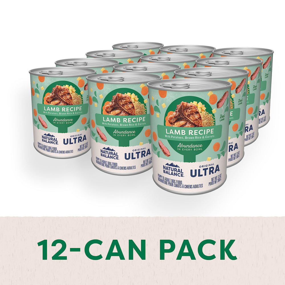 Natural Balance Original Ultra Lamb recipe with potatoes, brown rice and carrots, fiber support.