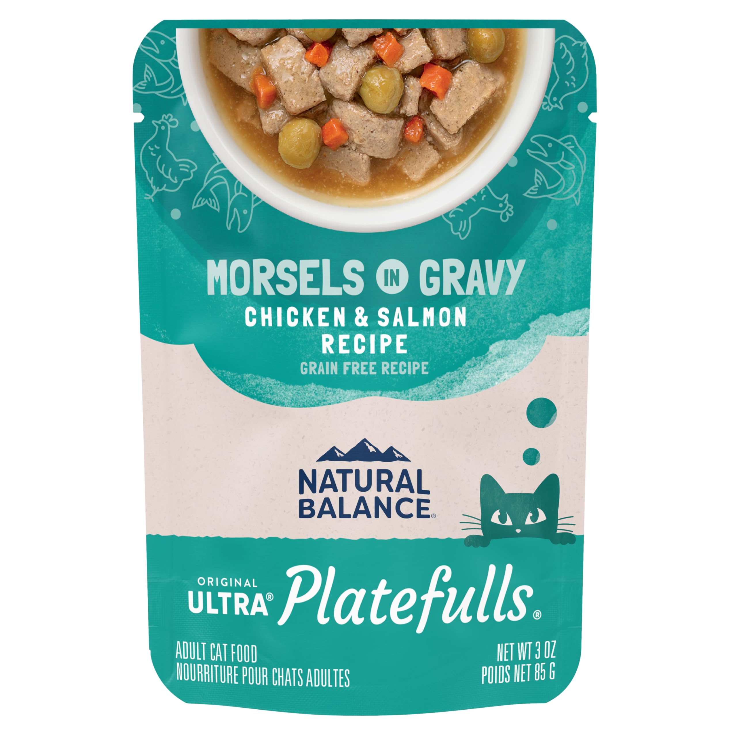 Natural Balance Platefulls Chicken & Salmon in Gravy 3oz pouch for adult cats' balanced nutrition.
