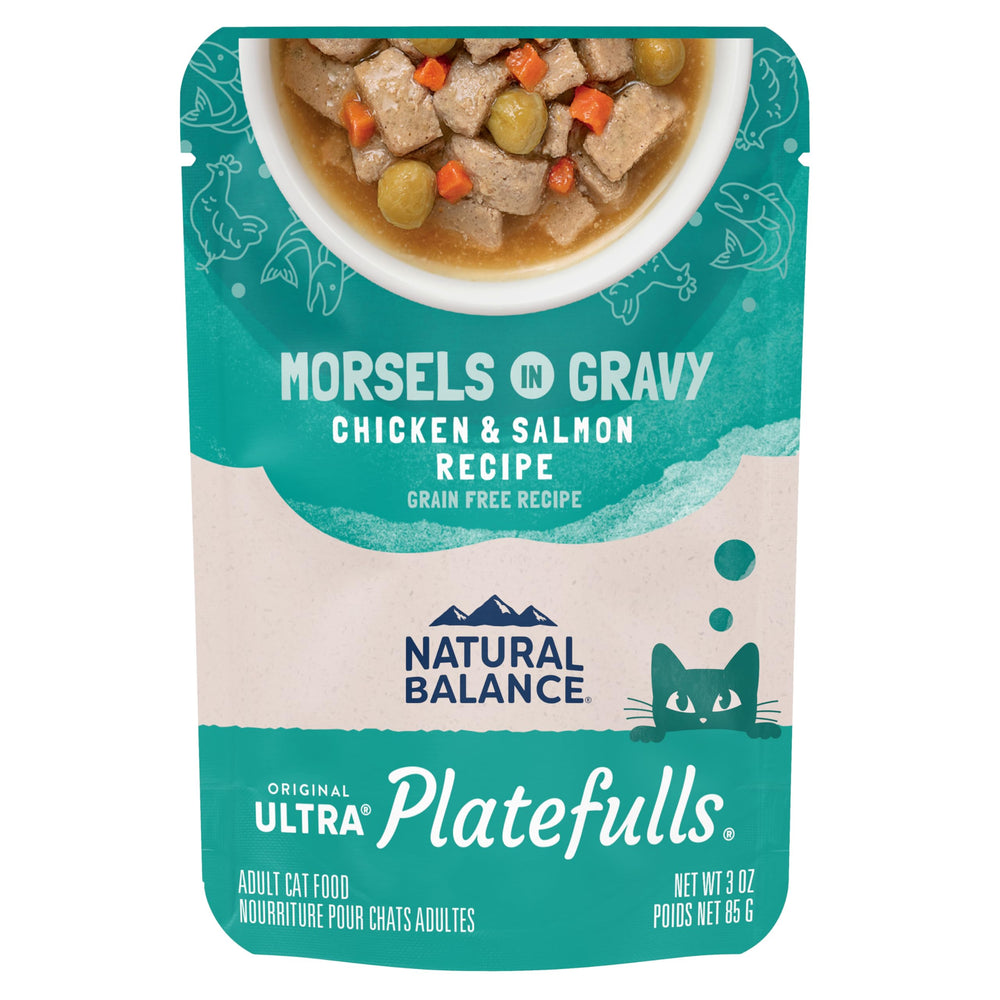 Natural Balance Platefulls Chicken & Salmon in Gravy 3oz pouch for adult cats' balanced nutrition.