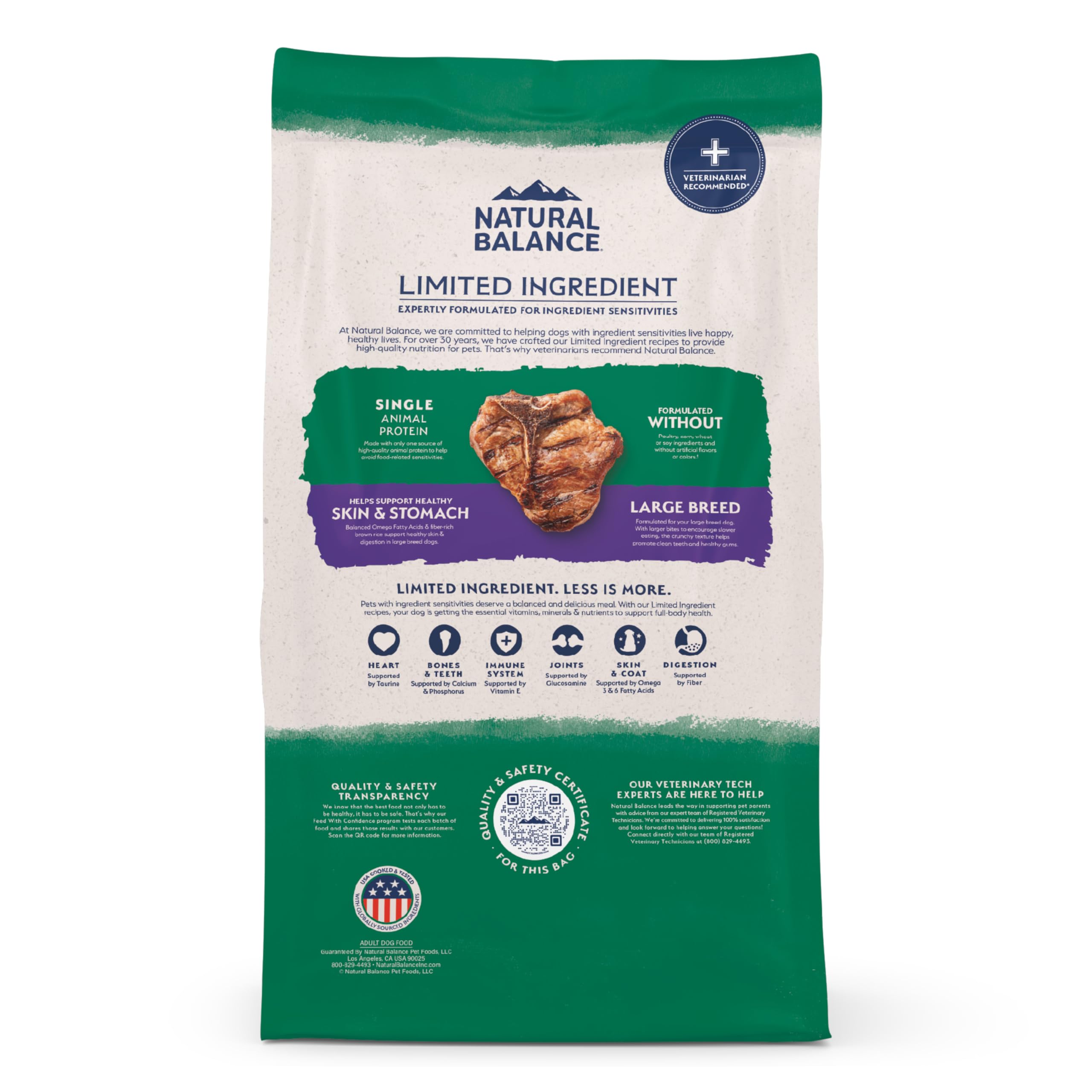 Natural Balance packaging highlights ingredients and feeding guidance for large breeds.