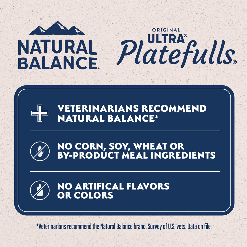 Natural Balance Platefulls chicken liver entree, hearty protein blend for cats.