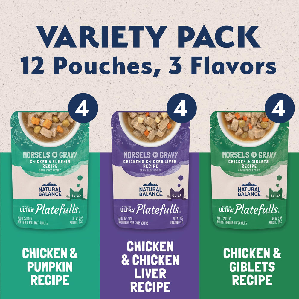 Natural Balance Platefulls chicken morsels in gravy close-up, tender texture and savory aroma.