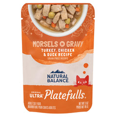 Natural Balance Platefulls gravy with turkey, chicken and duck morsels for adult cats.