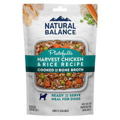Natural Balance Platefulls homestyle chicken rice in bone broth served in bowl for picky eaters