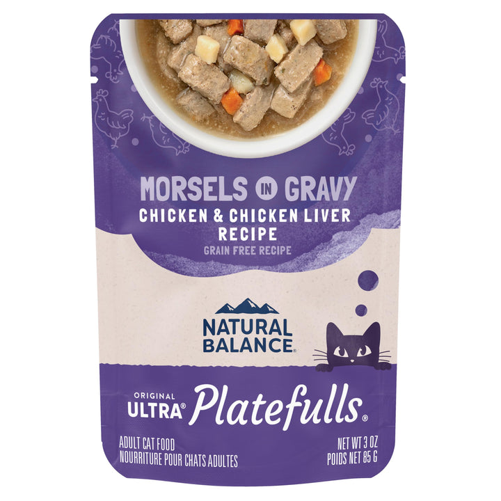 Natural Balance Platefulls Indoor Chicken & Liver pouch provides complete nutrition for indoor cats.
