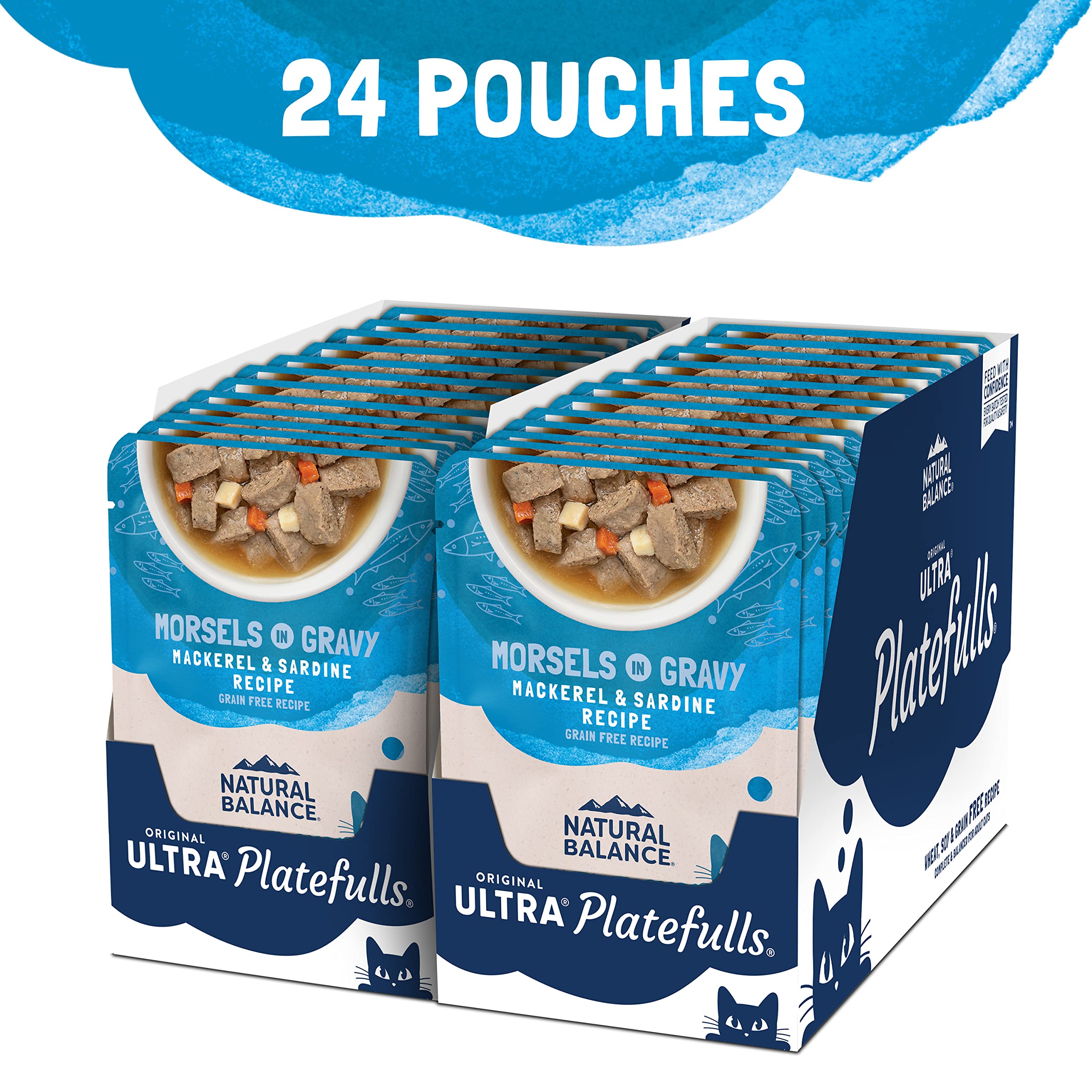 Natural Balance Platefulls with savory gravy highlights a tasty, complete meal for adult cats.
