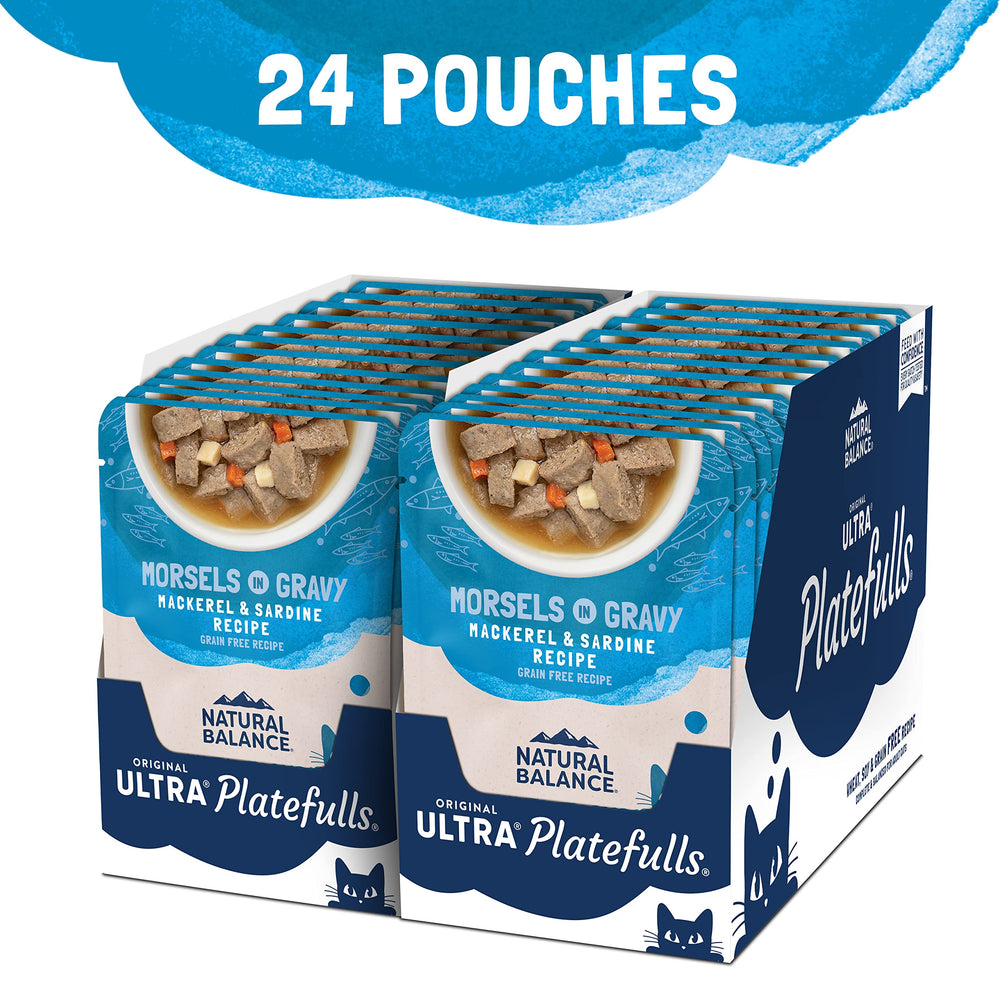 Natural Balance Platefulls with savory gravy highlights a tasty, complete meal for adult cats.