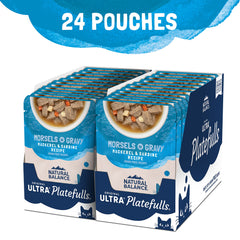 Natural Balance Platefulls with savory gravy highlights a tasty, complete meal for adult cats.