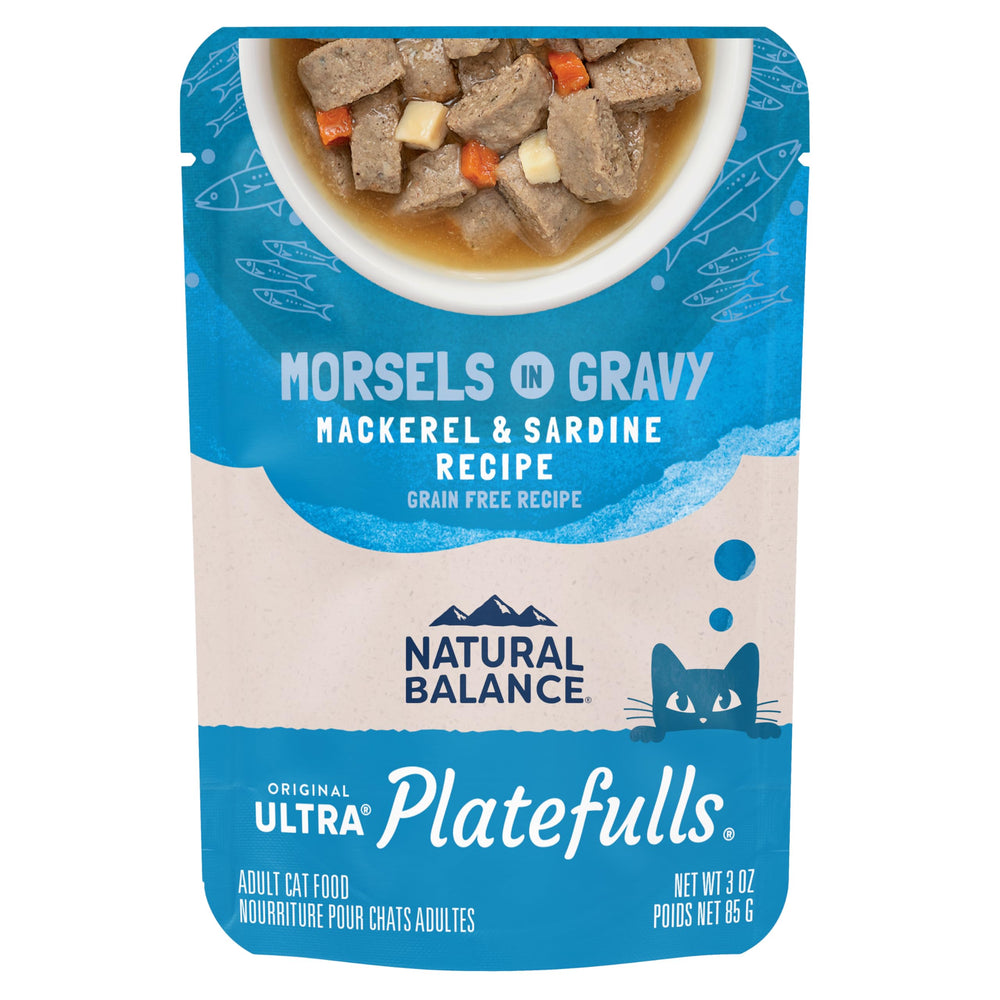 Natural Balance Platefulls Indoor Mackerel & Sardine bowl offers grain-free protein for indoor cats.