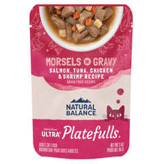 Natural Balance Platefulls Indoor Salmon-Tuna-Chicken-Shrimp pouch close-up showing gravy and protein variety.