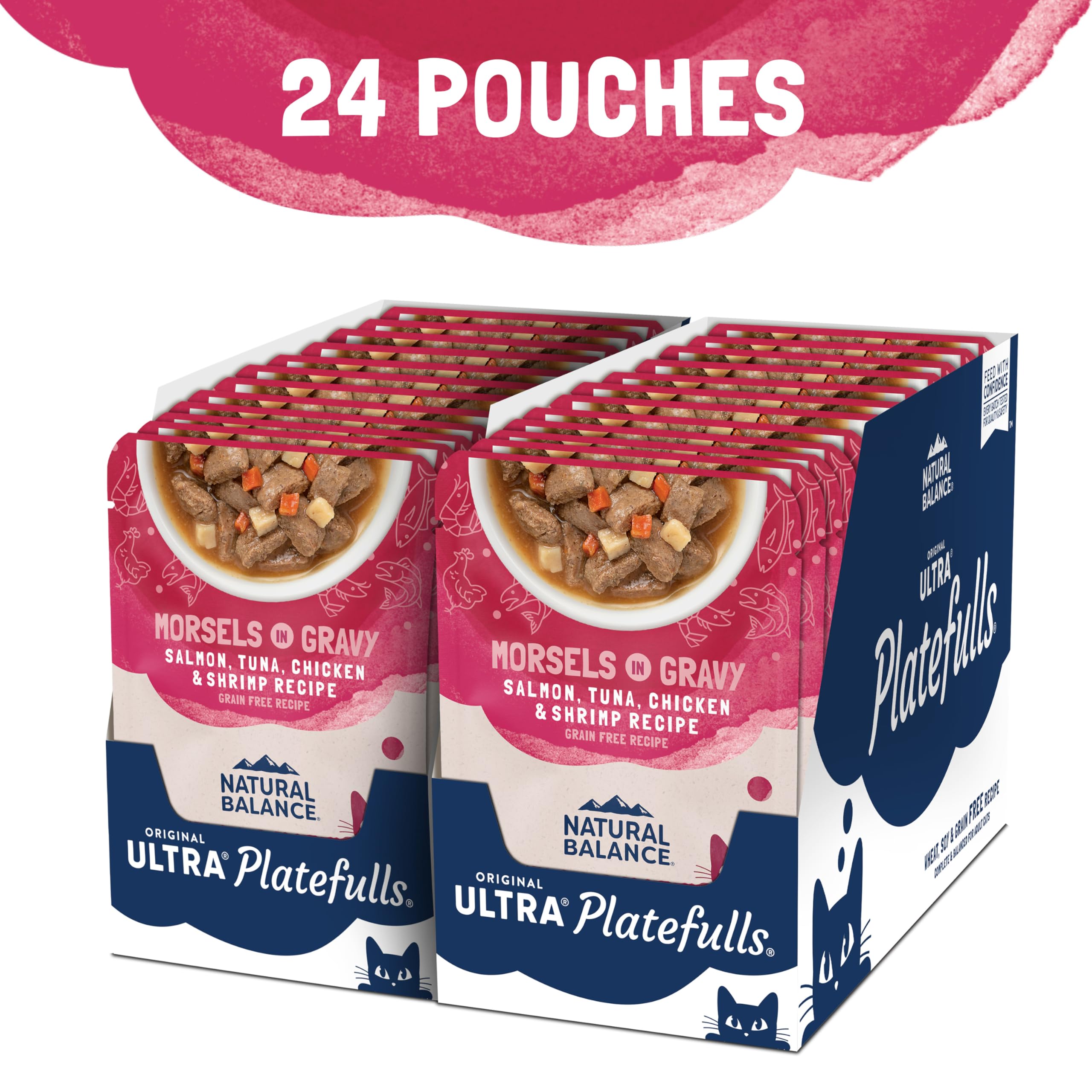 Natural Balance Platefulls Indoor Pouch-Two close-up illustrates grain-free formula and seafood mix.
