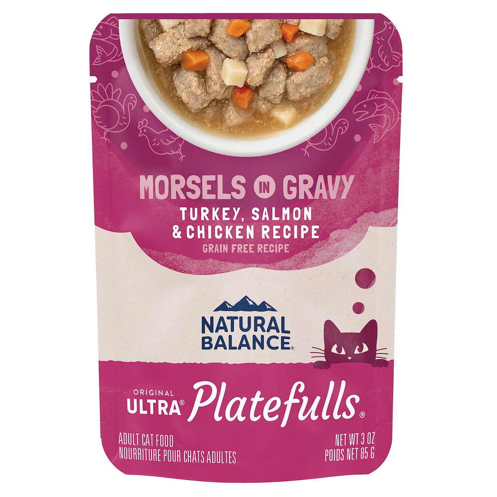 Natural Balance Platefulls Indoor wet cat food with turkey-salmon-chicken in gravy for strong muscles and flavor.