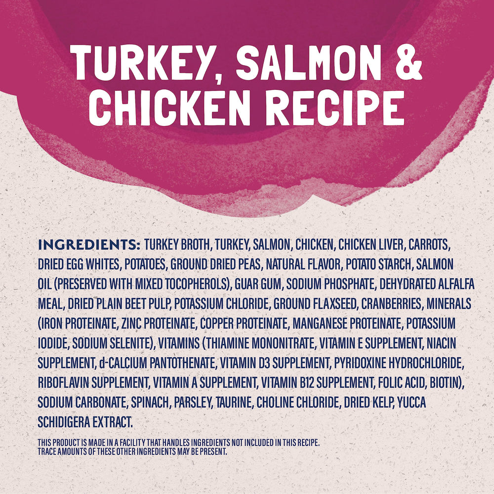 Platefulls Indoor cat food includes peas, carrots, and potatoes for balanced nutrition in gravy.