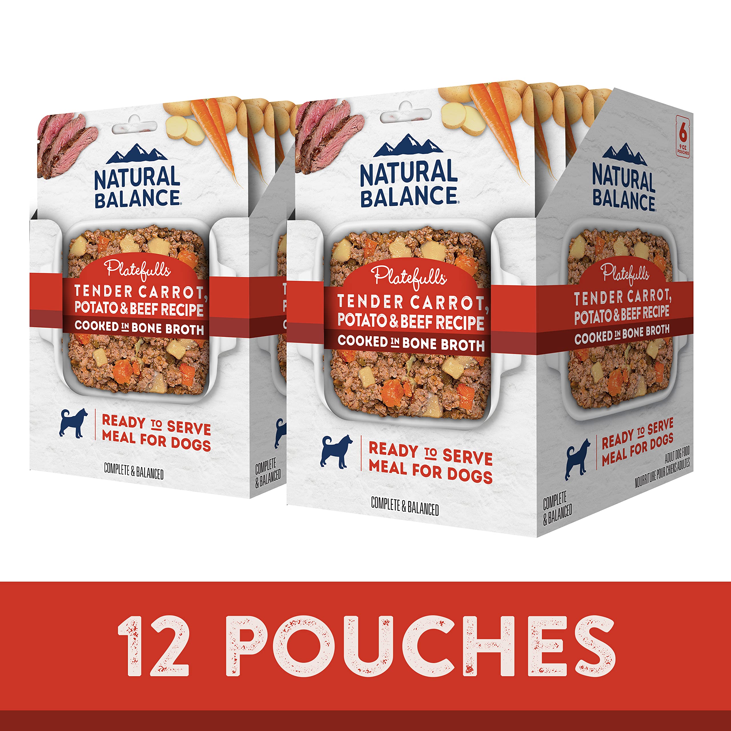 Natural Balance Platefulls pouch opening to reveal grain-free beef recipe ready to serve