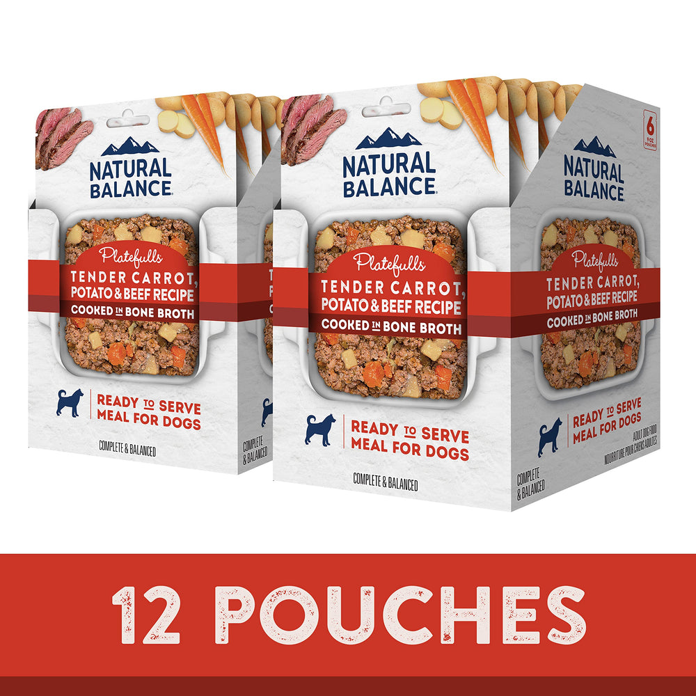 Natural Balance Platefulls pouch opening to reveal grain-free beef recipe ready to serve