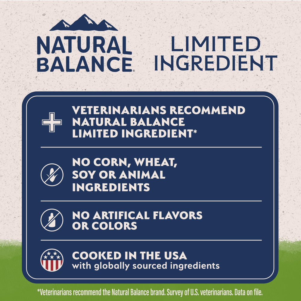 Natural Balance potato pea nutrition panel emphasizes balanced plant-based nutrients.